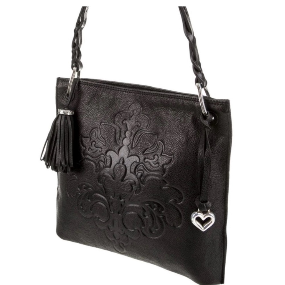 Brighton Black Embossed Leather Shoulder Bag Piper Slim with Tassel 12x10
